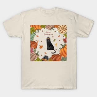 Happy Thanksgiving card in cartoon style with cat for Happy celebration T-Shirt